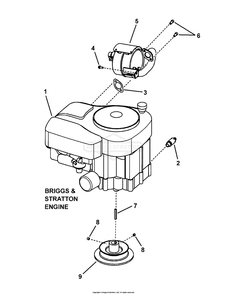 Engine, Muffler And Drive Disc Group Diagram and Parts List for 7800669 (107280340)(2010) Briggs and Stratton Lawn Tractor